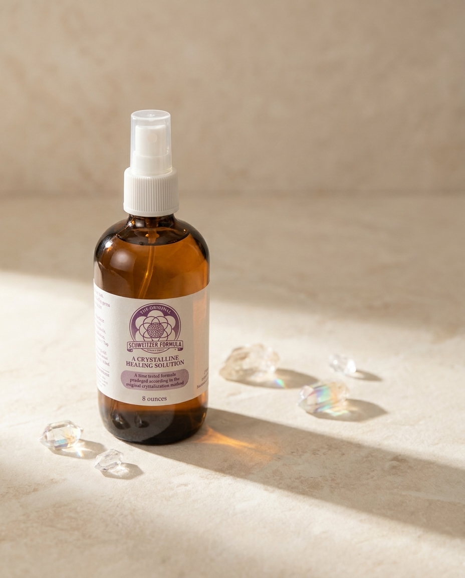 Schweitzer Formula amber glass bottle on warm stone with refracting crystals