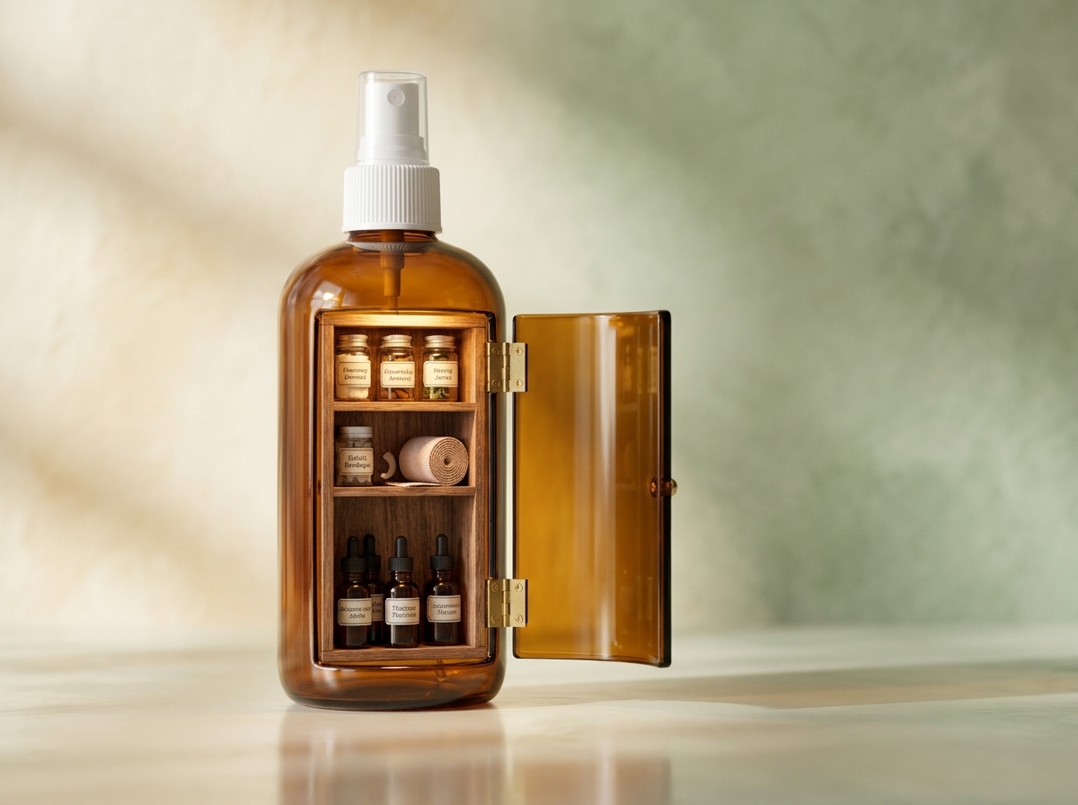 A Schweitzer Formula bottle opening like a medicine cabinet full of remedies